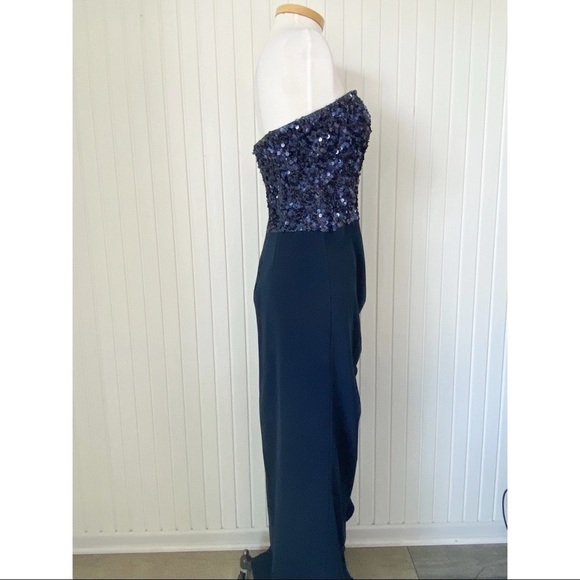 Badgley Mischka Navy Blue Strapless Sequins Ruffle Long Gown Dress Size 10 - Picture 3 of 14